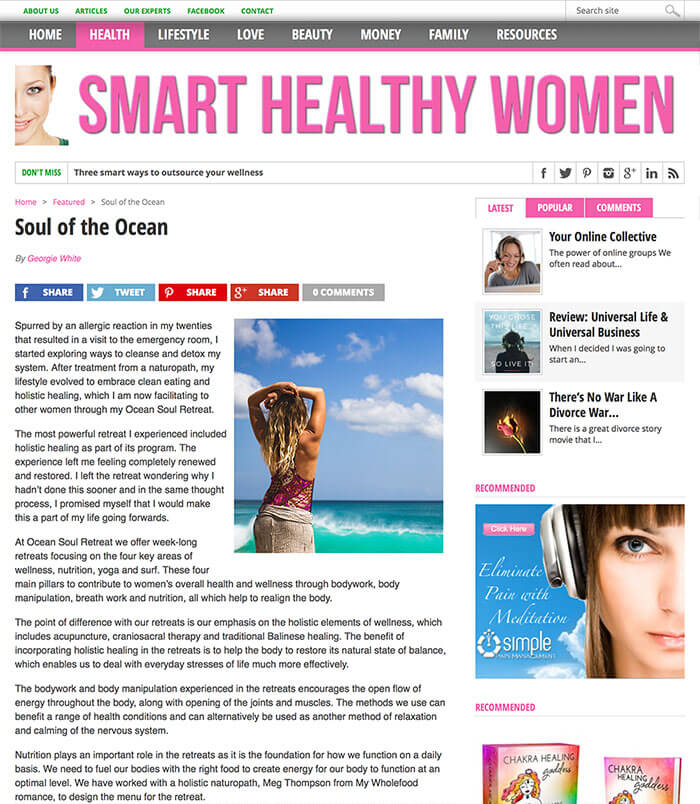 Smart Healthy Women, Soul of the Ocean, Yoga surfing Pilates resort for women, number 1 ranked  retreat, Bali